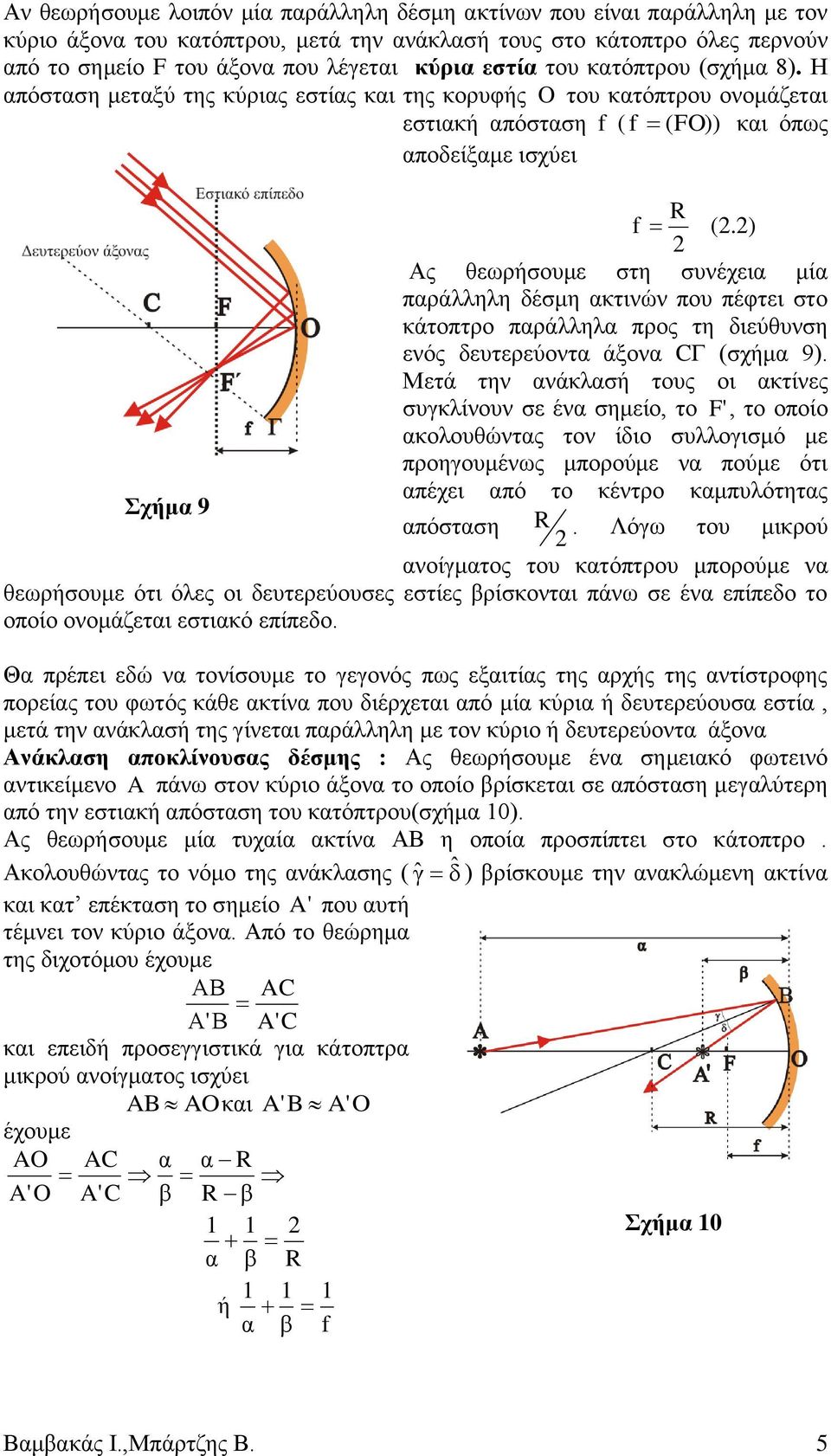 ) Ας θεωρήσουμε στη συνέχεια μία παράλληλη δέσμη ακτινών που πέφτει στο κάτοπτρο παράλληλα προς τη διεύθυνση ενός δευτερεύοντα άξονα CΓ (σχήμα 9).