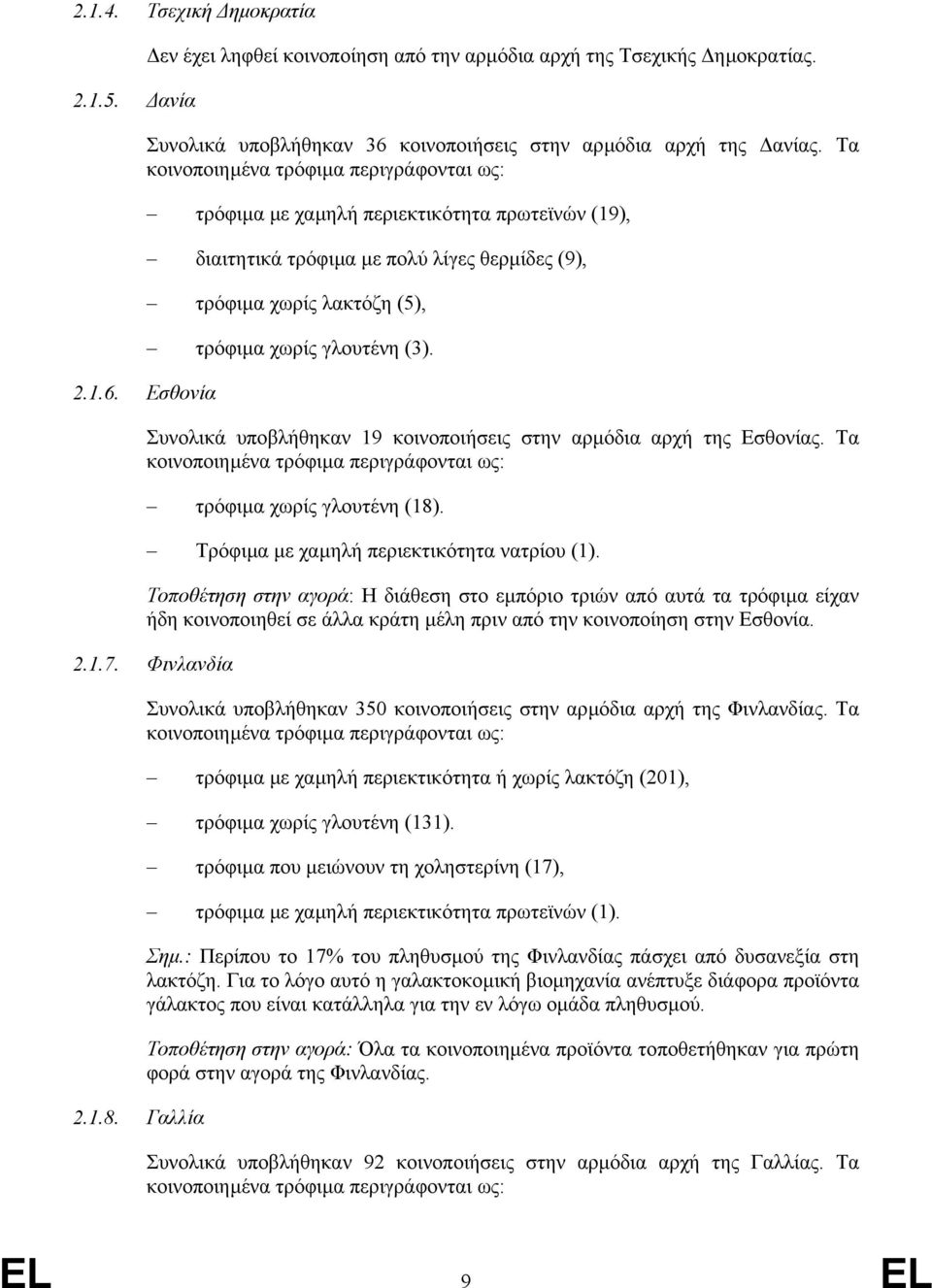 Εσθονία τρόφιµα µε χαµηλή περιεκτικότητα πρωτεϊνών (19), διαιτητικά τρόφιµα µε πολύ λίγες θερµίδες (9), τρόφιµα χωρίς λακτόζη (5), τρόφιµα χωρίς γλουτένη (3).