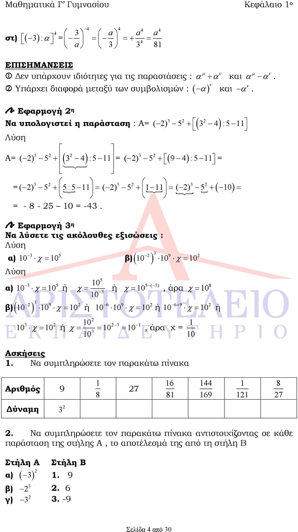 Εφαρμογή η Να λύσετε τις ακόλουθες εξισώσεις : α) 10 10 10 10 10 β) 9 α) 10 10 ή β) 9 10 10 10 ή 10 10 ή 10 ή 10 10 10 10 10 10 ( ) 10, άρα 6 9 ή 8 10 10 10 1 10 10, άρα χ = 1