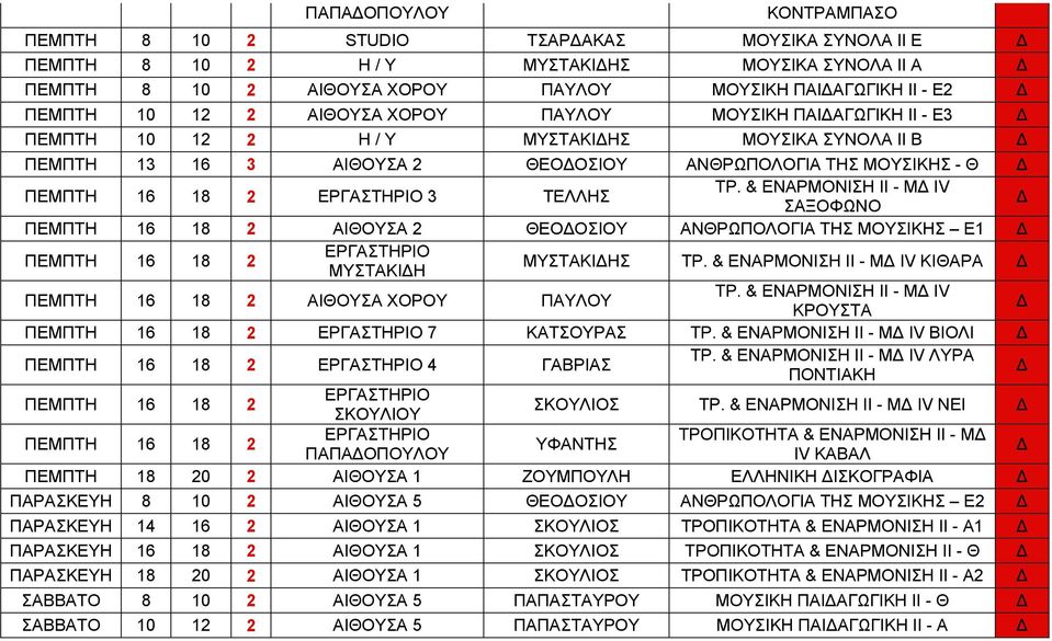 & ΕΝΑΡΜΟΝΙΣΗ ΙΙ - Μ ΙV ΣΑΞΟΦΩΝΟ ΠΕΜΠΤΗ 16 18 2 ΑΙΘΟΥΣΑ 2 ΘΕΟΟΣΙΟΥ ΑΝΘΡΩΠΟΛΟΓΙΑ ΤΗΣ ΜΟΥΣΙΚΗΣ Ε1 ΠΕΜΠΤΗ 16 18 2 ΕΡΓΑΗΡΙΟ ΜΥΑΚΙΗ ΜΥΑΚΙΗΣ ΤΡ.