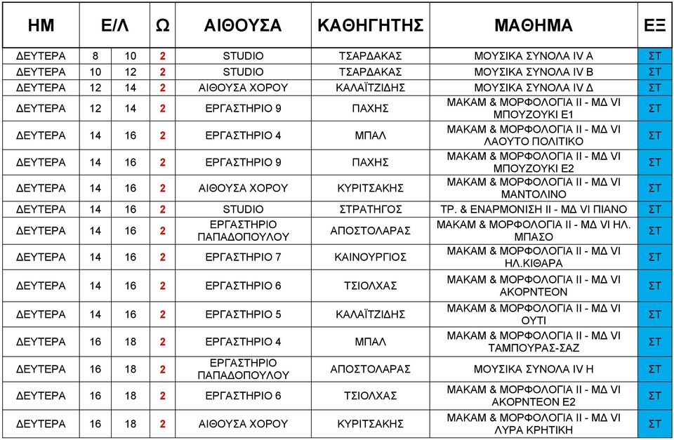 2 STUDIO ΡΑΤΗΓΟΣ ΤΡ. & ΕΝΑΡΜΟΝΙΣΗ ΙΙ - Μ VΙ ΠΙΑΝΟ ΕΥΤΕΡΑ 14 16 2 ΕΡΓΑΗΡΙΟ ΗΛ. ΑΠΟΟΛΑΡΑΣ ΠΑΠΑΟΠΟΥΛΟΥ ΜΠΑΣΟ ΕΥΤΕΡΑ 14 16 2 ΕΡΓΑΗΡΙΟ 7 ΚΑΙΝΟΥΡΓΙΟΣ ΗΛ.