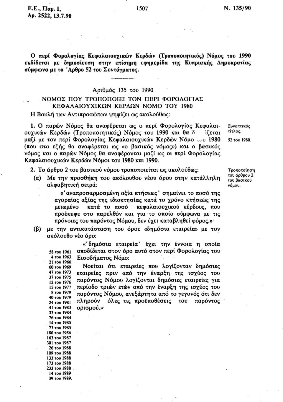 90 Ο περί Φορολογίας Κεφαλαιουχικών Κερδών (Τροποποιητικός) Νόμος του 1990 εκδίδεται με δημοσίευση στην επίσημη εφημερίδα της Κυπριακής Δημοκρατίας σύμφωνα με το Άρθρο 52 του Συντάγματος.