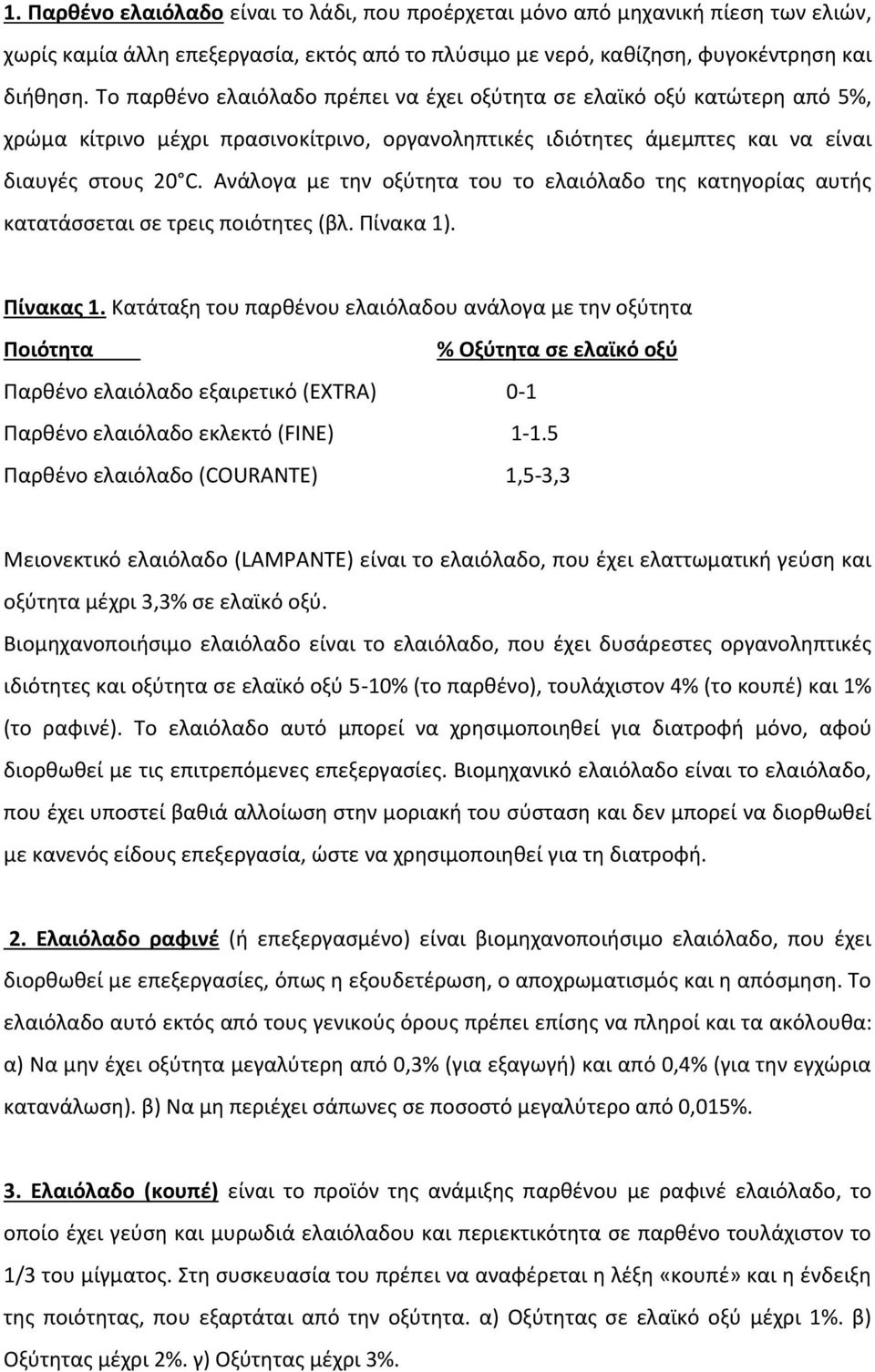 Ανάλογα με την οξύτητα του το ελαιόλαδο της κατηγορίας αυτής κατατάσσεται σε τρεις ποιότητες (βλ. Πίνακα 1). Πίνακας 1.