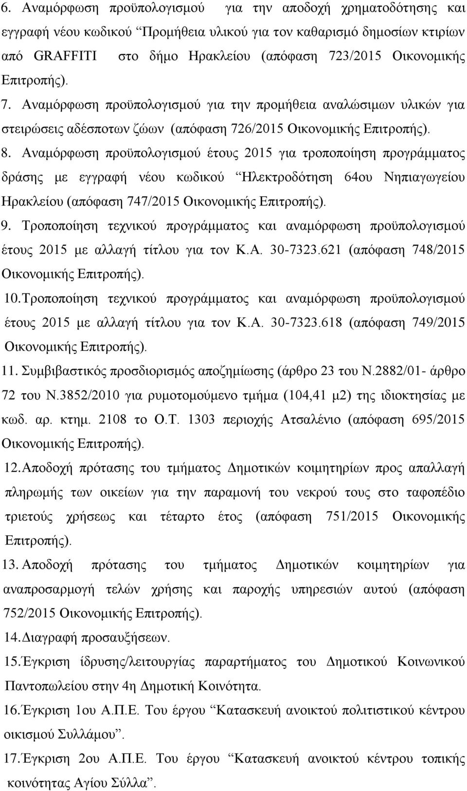 Αναμόρφωση προϋπολογισμού έτους 2015 για τροποποίηση προγράμματος δράσης με εγγραφή νέου κωδικού Ηλεκτροδότηση 64ου Νηπιαγωγείου Ηρακλείου (απόφαση 747/2015 9.