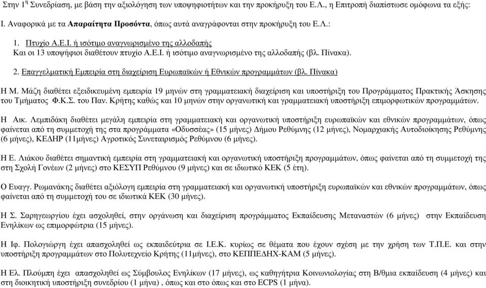 Πίνακα). 2. Επαγγελµατική Εµπειρία στη διαχείριση Ευρωπαϊκών ή Εθνικών προγραµµάτων (βλ. Πίνακα) Η Μ.