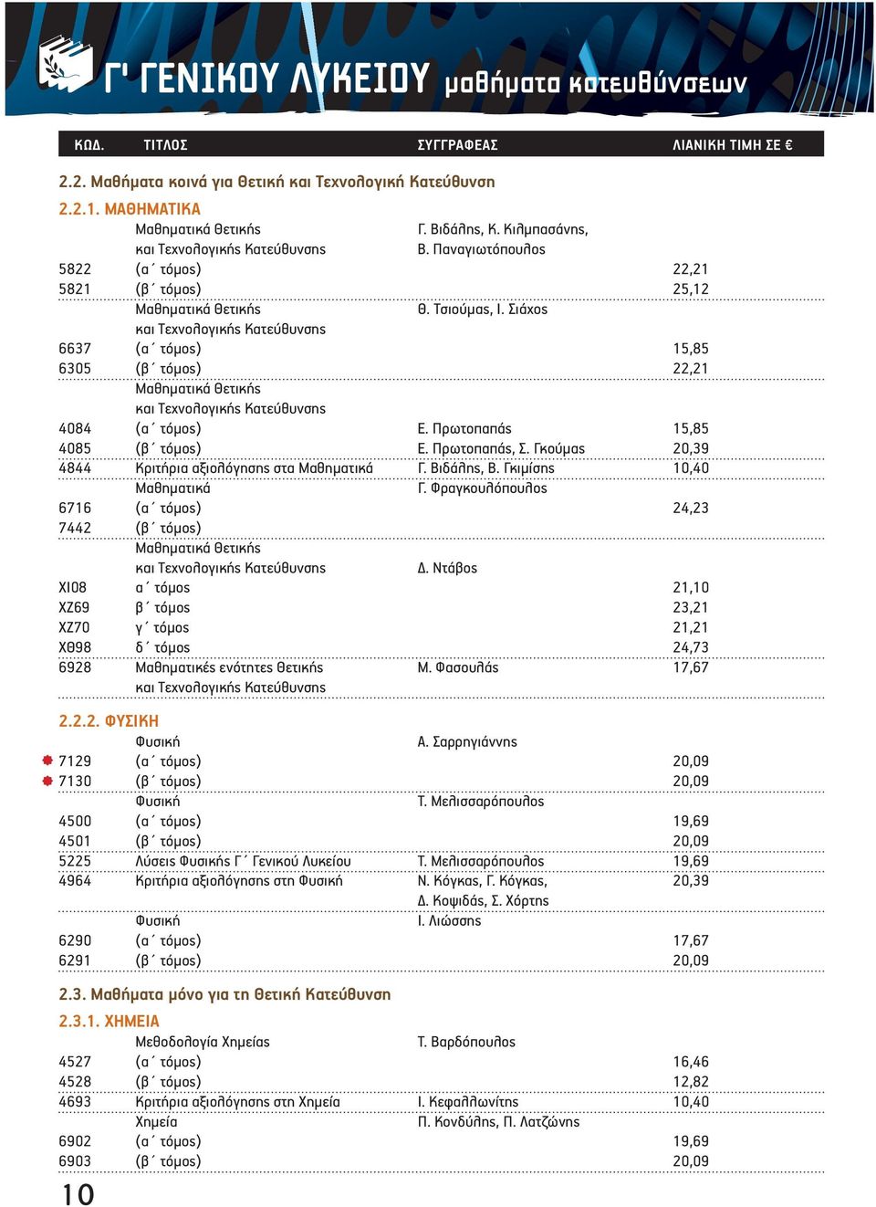 Σιάχος και Τεχνολογικής Κατεύθυνσης 6637 (α τόμος) 15,85 6305 (β τόμος) 22,21 Μαθηματικά Θετικής και Τεχνολογικής Κατεύθυνσης 4084 (α τόμος) Ε. Πρωτοπαπάς 15,85 4085 (β τόμος) E. Πρωτοπαπάς, Σ.