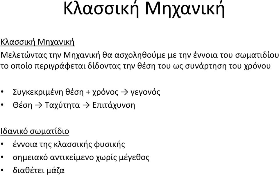 του χρόνου Συγκεκριμένη θέση + χρόνος γεγονός Θέση Ταχύτητα Επιτάχυνση Ιδανικό