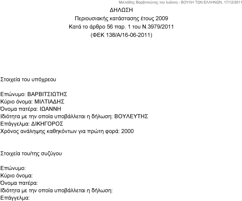 πατέρα: ΙΩΑΝΝΗ Ιδιότητα με την οποία υποβάλλεται η δήλωση: ΒΟΥΛΕΥΤΗΣ Επάγγελμα: ΔΙΚΗΓΟΡΟΣ Χρόνος ανάληψης