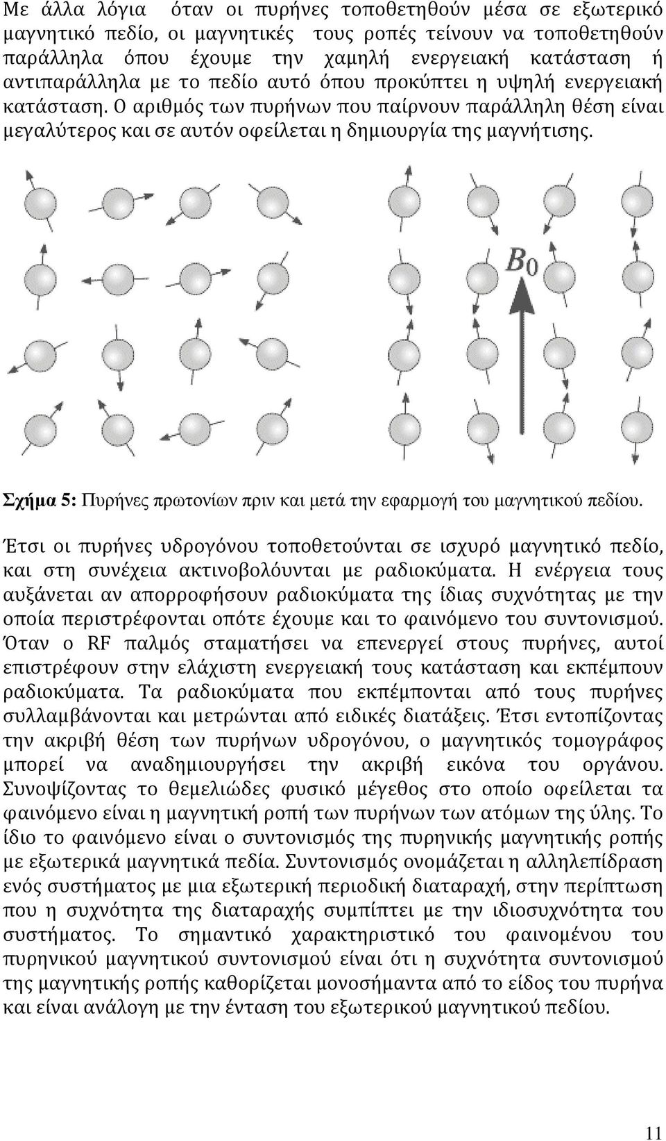 Σχήµα 5: Πυρήνες πρωτονίων πριν και µετά την εφαρµογή του µαγνητικού πεδίου. Έτσι οι πυρήνες υδρογόνου τοποθετούνται σε ισχυρό μαγνητικό πεδίο, και στη συνέχεια ακτινοβολόυνται με ραδιοκύματα.