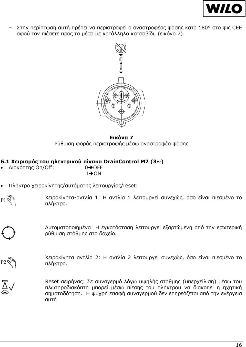 1 Χειρισμός του ηλεκτρικού πίνακα DrainControl M2 (3~) Διακόπτης On/Off: 0 OFF I ON Πλήκτρο χειροκίνητης/αυτόματης λειτουργίας/reset: Χειροκίνητα-αντλία 1: Η αντλία 1 λειτουργεί συνεχώς, όσο είναι