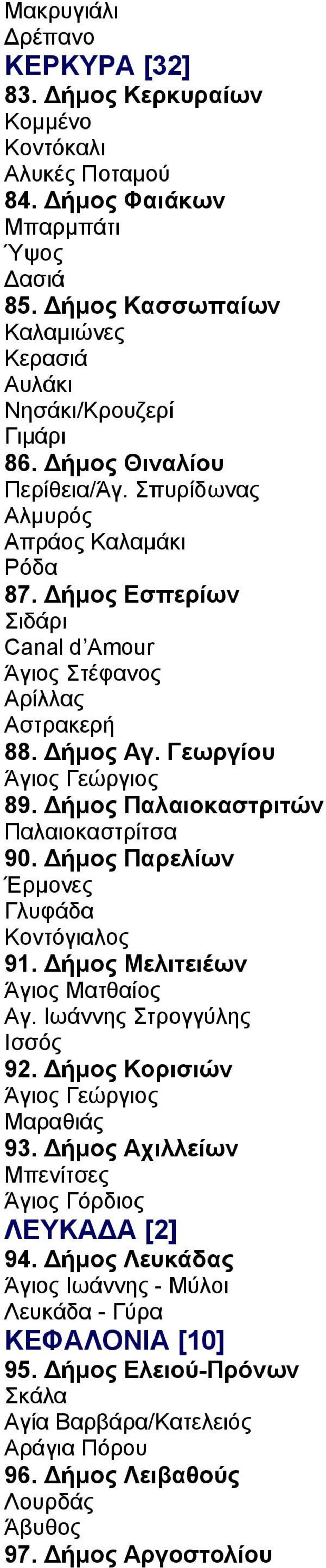 ήµος Παλαιοκαστριτών Παλαιοκαστρίτσα 90. ήµος Παρελίων Έρµονες Γλυφάδα Κοντόγιαλος 91. ήµος Μελιτειέων Άγιος Ματθαίος Αγ. Ιωάννης Στρογγύλης Ισσός 92. ήµος Κορισιών Άγιος Γεώργιος Μαραθιάς 93.