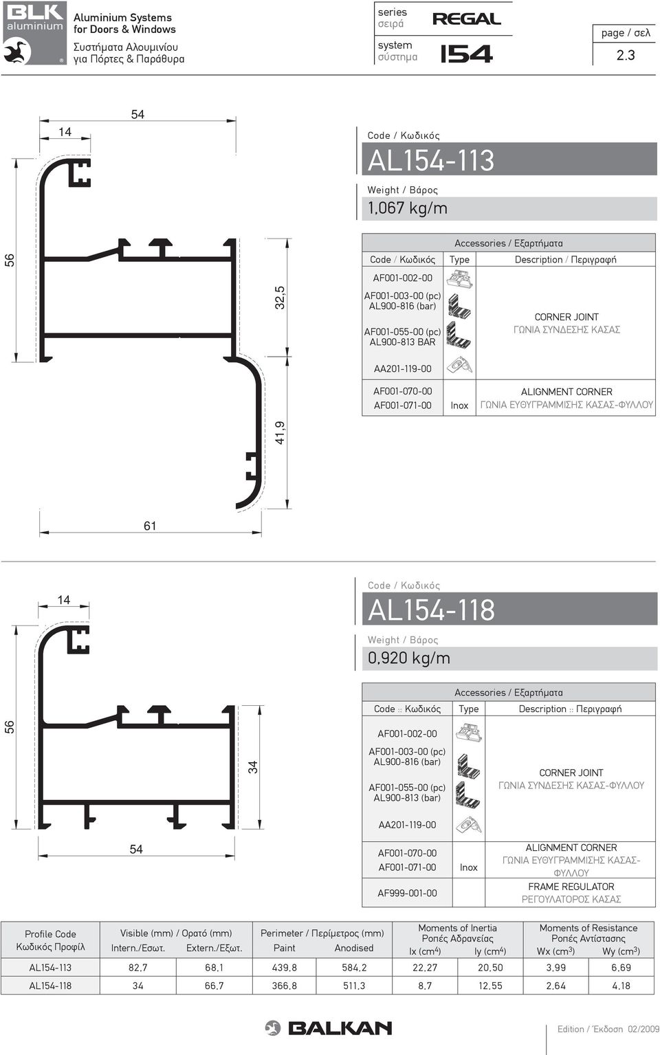 CORNER JOINT ΓΩΝΙΑ ΣΥΝ ΕΣΗΣ ΚΑΣΑΣ ALIGNMENT CORNER ΓΩΝΙΑ ΕΥΘΥΓΡΑΜΜΙΣΗΣ ΚΑΣΑΣ-ΦΥΛΛΟΥ 61 14 AL154-118 0,920 kg/m Code :: Κωδικός Type Description :: Περιγραφή 56 AF001-002-00 34 AF001-003-00 (pc)