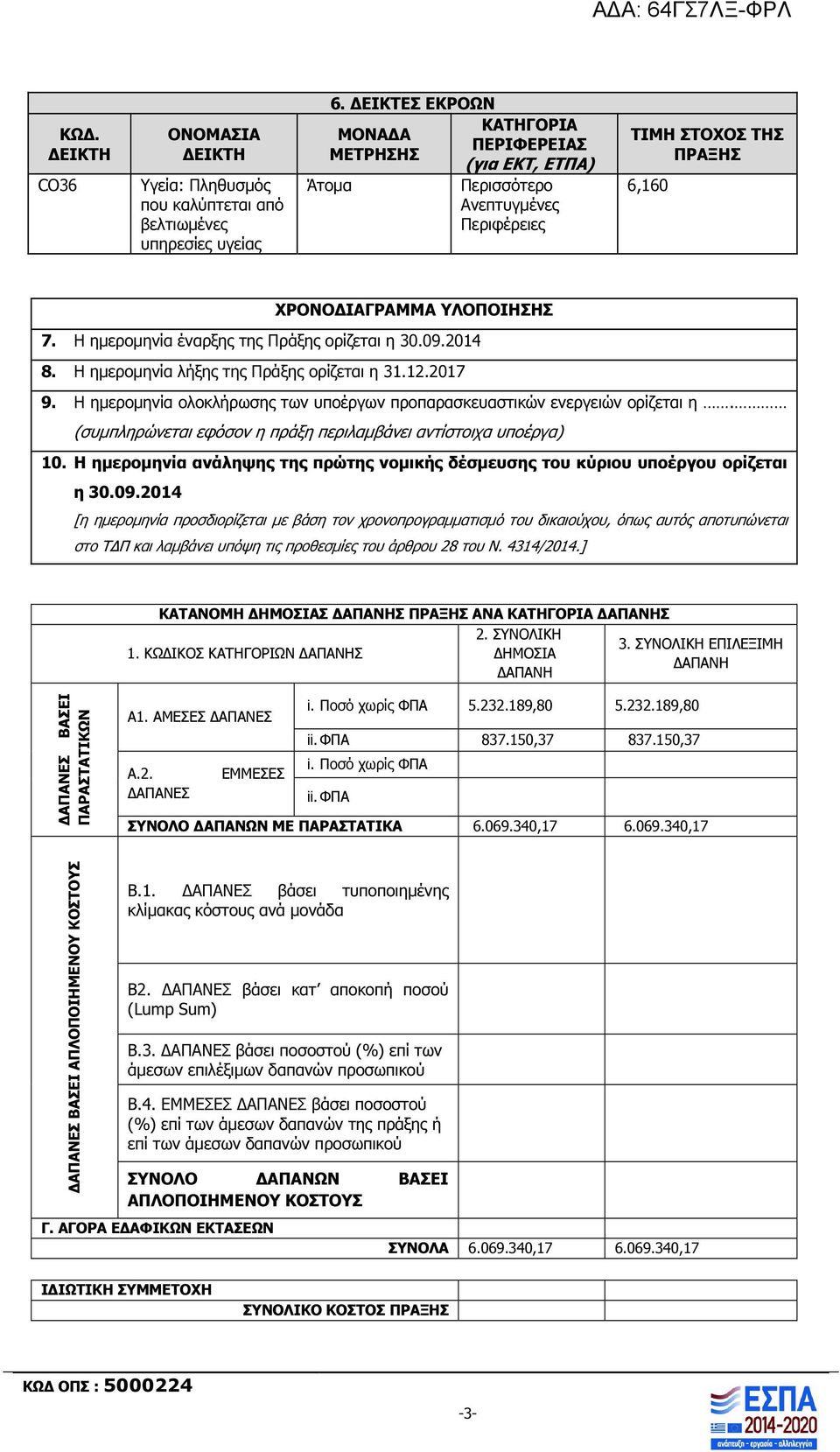 Η ηµεροµηνία έναρξης της Πράξης ορίζεται η 30.09.2014 8. Η ηµεροµηνία λήξης της Πράξης ορίζεται η 31.12.2017 9. Η ηµεροµηνία ολοκλήρωσης των υποέργων προπαρασκευαστικών ενεργειών ορίζεται η.