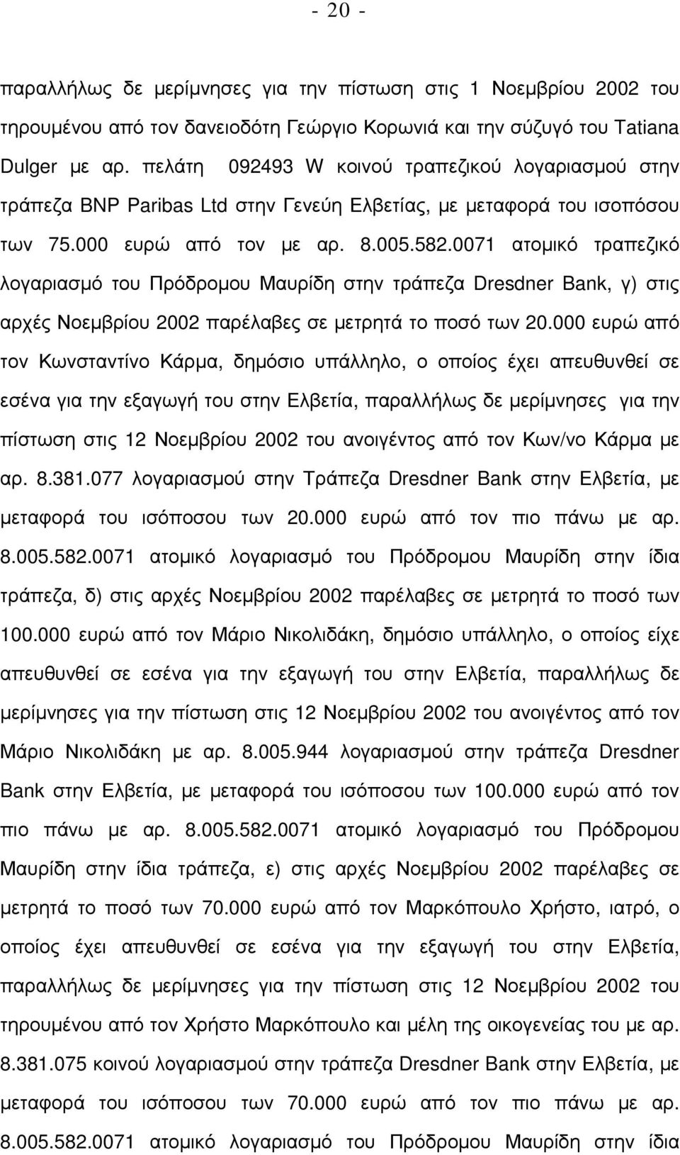 0071 ατοµικό τραπεζικό λογαριασµό του Πρόδροµου Μαυρίδη στην τράπεζα Dresdner Bank, γ) στις αρχές Νοεµβρίου 2002 παρέλαβες σε µετρητά το ποσό των 20.