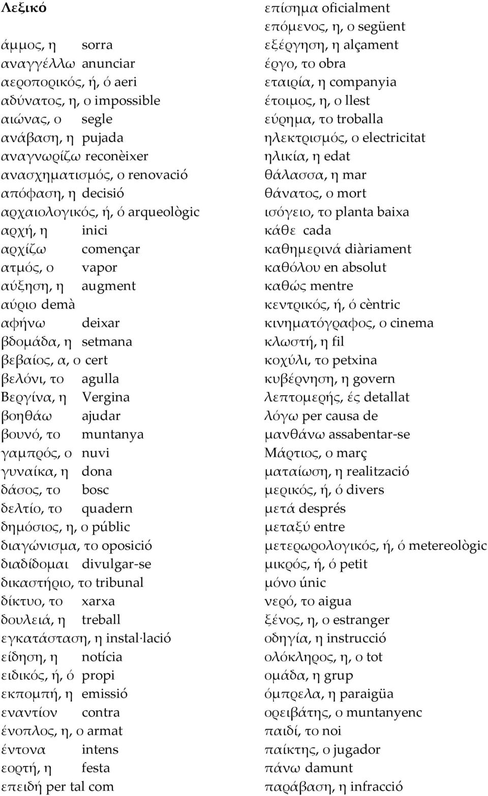 βοηθάω ajudar βουνό, το muntanya γαμπρός, ο nuvi γυναίκα, η dona δάσος, το bosc δελτίο, το quadern δημόσιος, η, ο públic διαγώνισμα, το oposició διαδίδομαι divulgar-se δικαστήριο, το tribunal δίκτυο,