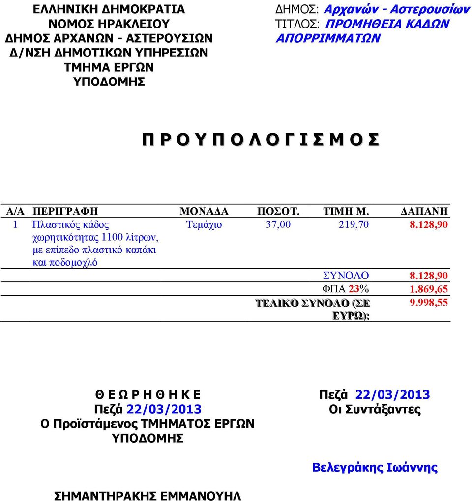 128,90 χωρητικότητας 1100 λίτρων, µε επίπεδο πλαστικό καπάκι και ποδοµοχλό ΣΥΝΟΛΟ 8.128,90 ΦΠΑ 23% 1.869,65 ΤΤΕΕΛΛΙΙΚΟ ΣΣΥΥΝΝΟΛΛΟ (ΣΣΕΕ ( 9.