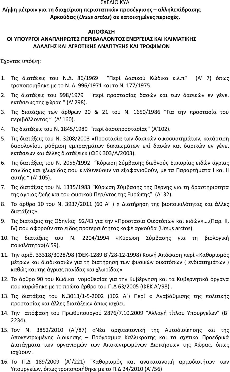 π (Α' 7) όπως τροποποιήθηκε με το Ν. Δ. 996/1971 και το Ν. 177/1975. 2. Τις διατάξεις του 998/1979 περί προστασίας δασών και των δασικών εν γένει εκτάσεως της χώρας (Α' 298). 3.