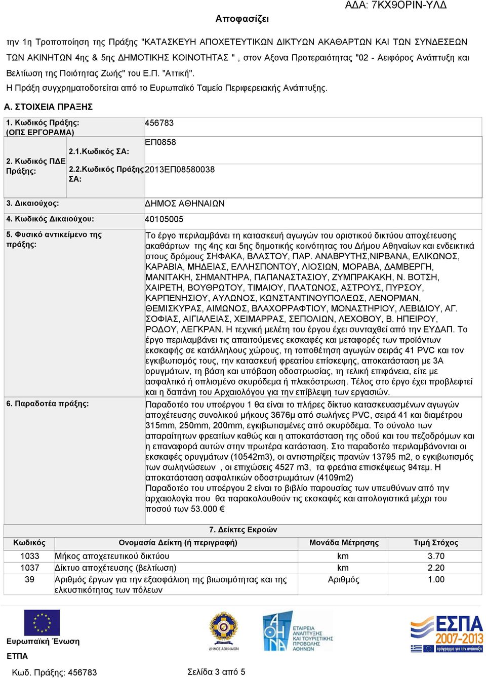 Κωδικός ΠΔΕ Πράξης: 2.1.Κωδικός ΣΑ: 456783 ΕΠ0858 2.2.Κωδικός Πράξης 2013ΕΠ08580038 ΣΑ: 3. Δικαιούχος: 4. Κωδικός Δικαιούχου: ΔΗΜΟΣ ΑΘΗΝΑΙΩΝ 40105005 5.