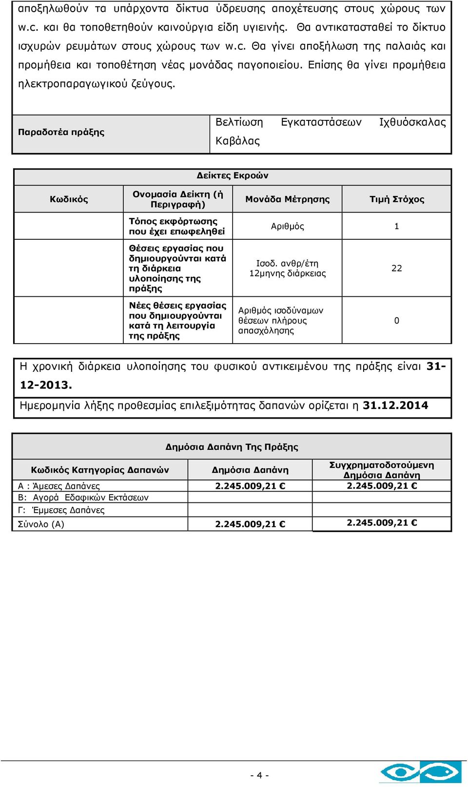 Παραδοτέα πράξης Βελτίωση Εγκαταστάσεων Ιχθυόσκαλας Καβάλας είκτες Εκροών Κωδικός Ονοµασία είκτη (ή Περιγραφή) Μονάδα Μέτρησης Τιµή Στόχος Τόπος εκφόρτωσης που έχει επωφεληθεί Αριθµός 1 Θέσεις