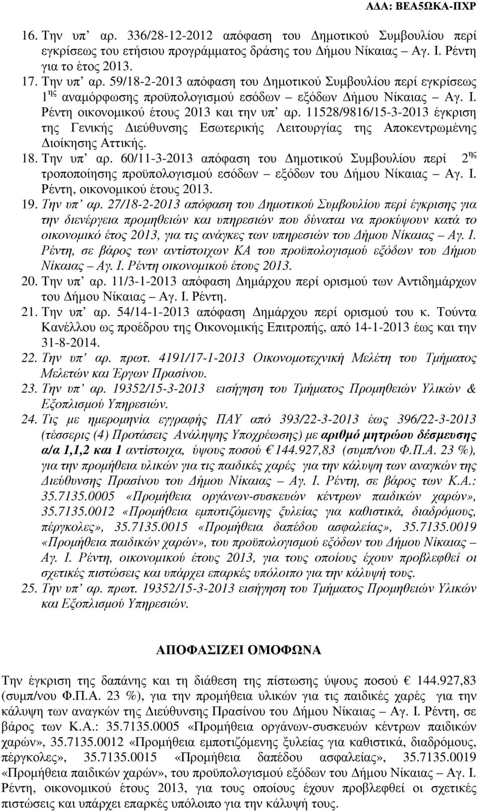 60/11-3-2013 απόφαση του ηµοτικού Συµβουλίου περί 2 ης τροποποίησης προϋπολογισµού εσόδων εξόδων του ήµου Νίκαιας Αγ. Ι. Ρέντη, οικονοµικού έτους 2013. 19. Την υπ αρ.