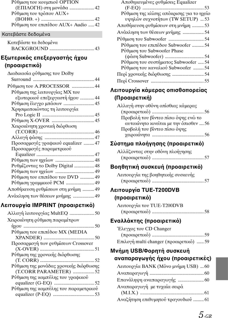 .. 44 Ρύθμιση έλεγχο μπάσων... 45 Χρησιμοποιώντας τη λειτουργία Pro Logic II... 45 Ρύθμιση X-OVER... 45 Χειροκίνητη χρονική διόρθωση (T.CORR)... 46 Αλλαγή φάσης... 47 Προσαρμογές γραφικού equalizer.