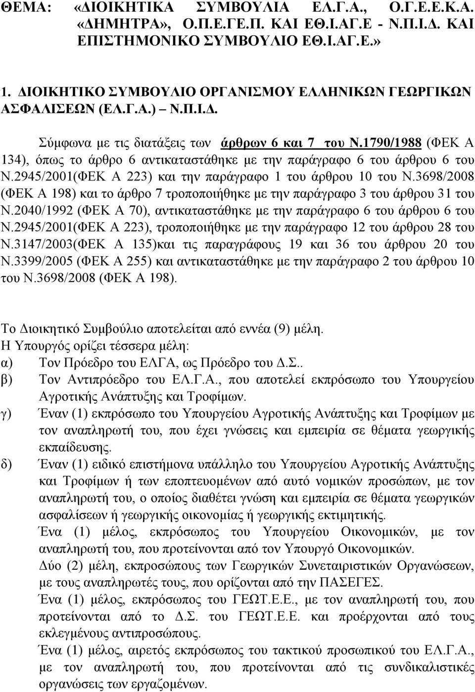 1790/1988 (ΦΕΚ Α 134), όπως το άρθρο 6 αντικαταστάθηκε µε την παράγραφο 6 του άρθρου 6 του Ν.2945/2001(ΦΕΚ Α 223) και την παράγραφο 1 του άρθρου 10 του Ν.