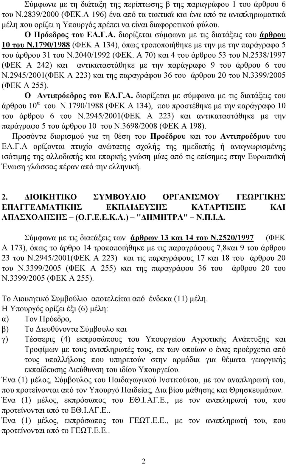 2538/1997 (ΦΕΚ Α 242) και αντικαταστάθηκε µε την παράγραφο 9 του άρθρου 6 του Ν.2945/2001(ΦΕΚ Α 223) και της παραγράφου 36 του άρθρου 20 του Ν.3399/2005 (ΦΕΚ Α 255). Ο Αντιπρόεδρος του ΕΛ.Γ.Α. διορίζεται µε σύµφωνα µε τις διατάξεις του άρθρου 10 α του Ν.