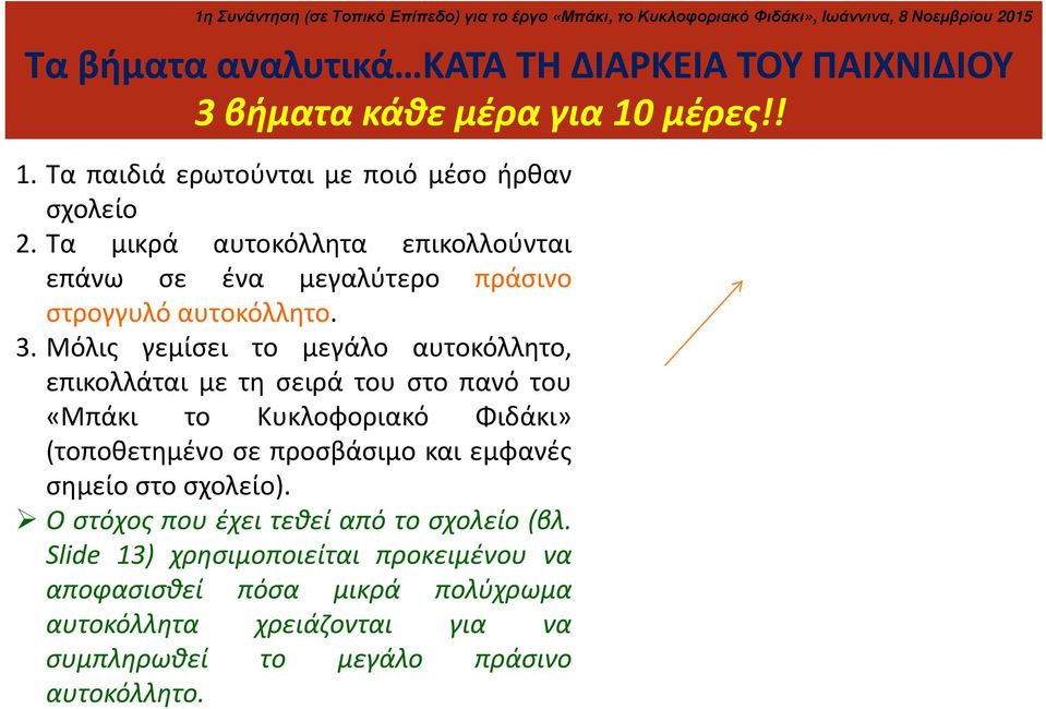 Μόλις γεμίσει το μεγάλο αυτοκόλλητο, επικολλάται με τη σειρά του στο πανό του «Μπάκι το Κυκλοφοριακό Φιδάκι» (τοποθετημένο σε προσβάσιμο και εμφανές