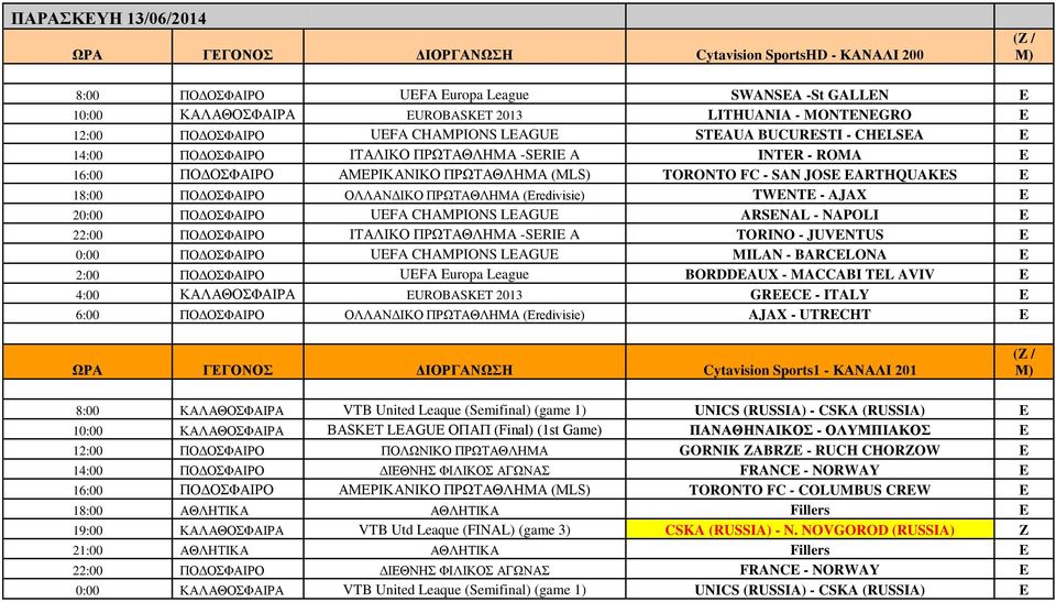 EARTHQUAKES E 18:00 ΠΟΔΟΣΦΑΙΡΟ ΟΛΛΑΝΔΙΚΟ ΠΡΩΤΑΘΛΗΜΑ (Eredivisie) TWENTE - AJAX E 20:00 ΠΟΔΟΣΦΑΙΡΟ UEFA CHAMPIONS LEAGUE ARSENAL - NAPOLI E 22:00 ΠΟΔΟΣΦΑΙΡΟ ΙΤΑΛΙΚΟ ΠΡΩΤΑΘΛΗΜΑ -SERIE A TORINO -