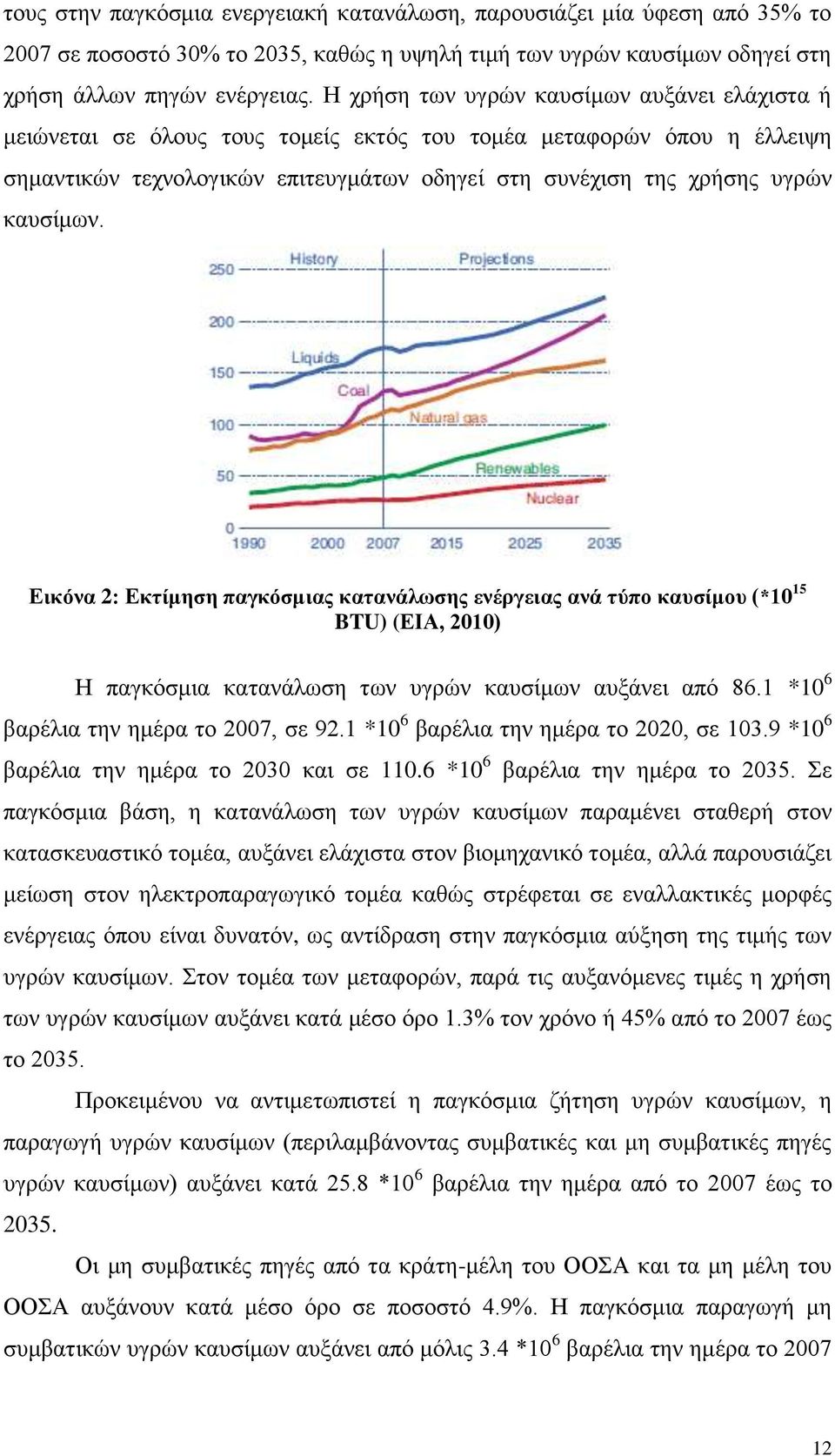 καυσίμων. Εικόνα 2: Εκτίμηση παγκόσμιας κατανάλωσης ενέργειας ανά τύπο καυσίμου (*10 15 BTU) (ΕΙΑ, 2010) Η παγκόσμια κατανάλωση των υγρών καυσίμων αυξάνει από 86.