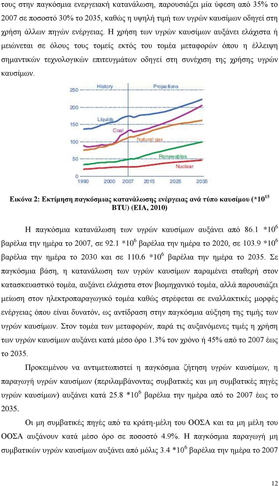 καυσίμων. Εικόνα 2: Εκτίμηση παγκόσμιας κατανάλωσης ενέργειας ανά τύπο καυσίμου (*10 15 BTU) (ΕΙΑ, 2010) Η παγκόσμια κατανάλωση των υγρών καυσίμων αυξάνει από 86.