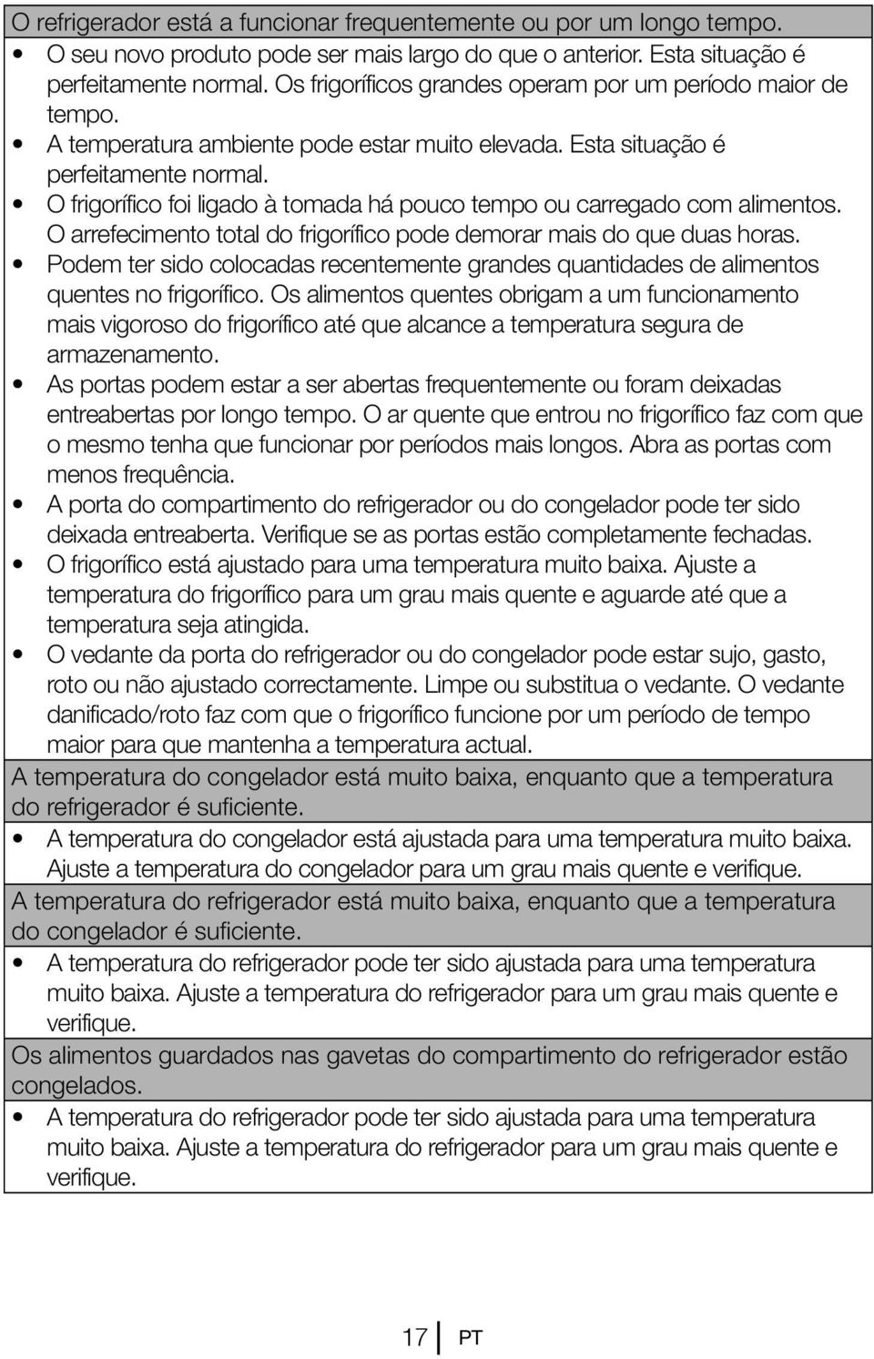 O frigorífico foi ligado à tomada há pouco tempo ou carregado com alimentos. O arrefecimento total do frigorífico pode demorar mais do que duas horas.