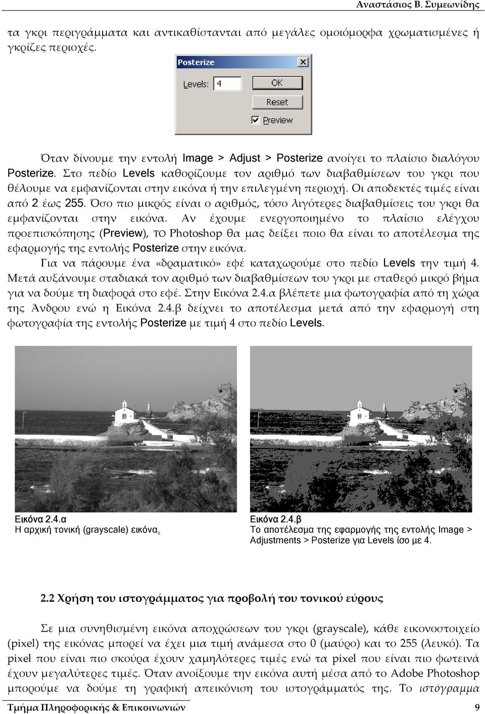 Στο πεδίο Levels καθορίζουμε τον αριθμό των διαβαθμίσεων του γκρι που θέλουμε να εμφανίζονται στην εικόνα ή την επιλεγμένη περιοχή. Οι αποδεκτές τιμές είναι από 2 έως 255.