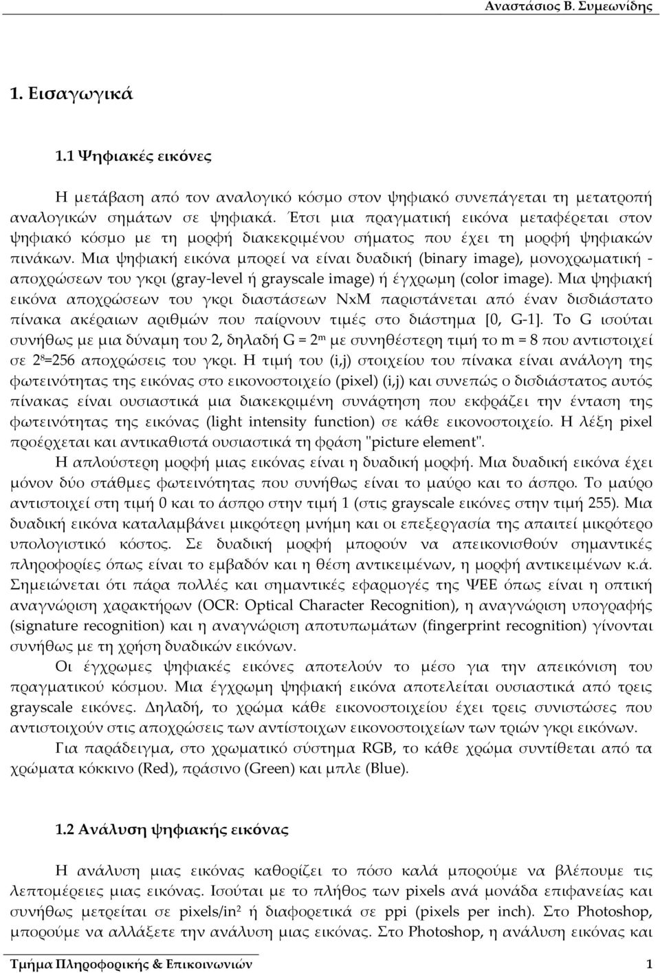 Μια ψηφιακή εικόνα μπορεί να είναι δυαδική (binary image), μονοχρωματική αποχρώσεων του γκρι (gray level ή grayscale image) ή έγχρωμη (color image).