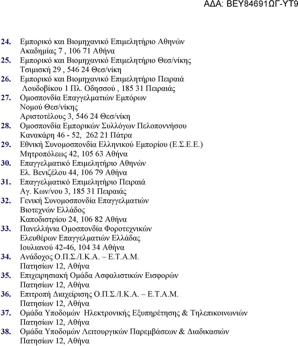 Ομοσπονδία Εμπορικών Συλλόγων Πελοποννήσου Κανακάρη 46-52, 262 21 Πάτρα 29. Εθνική Συνομοσπονδία Ελληνικού Εμπορίου (Ε.Σ.Ε.Ε.) Μητροπόλεως 42, 105 63 Αθήνα 30. Επαγγελματικό Επιμελητήριο Αθηνών Ελ.
