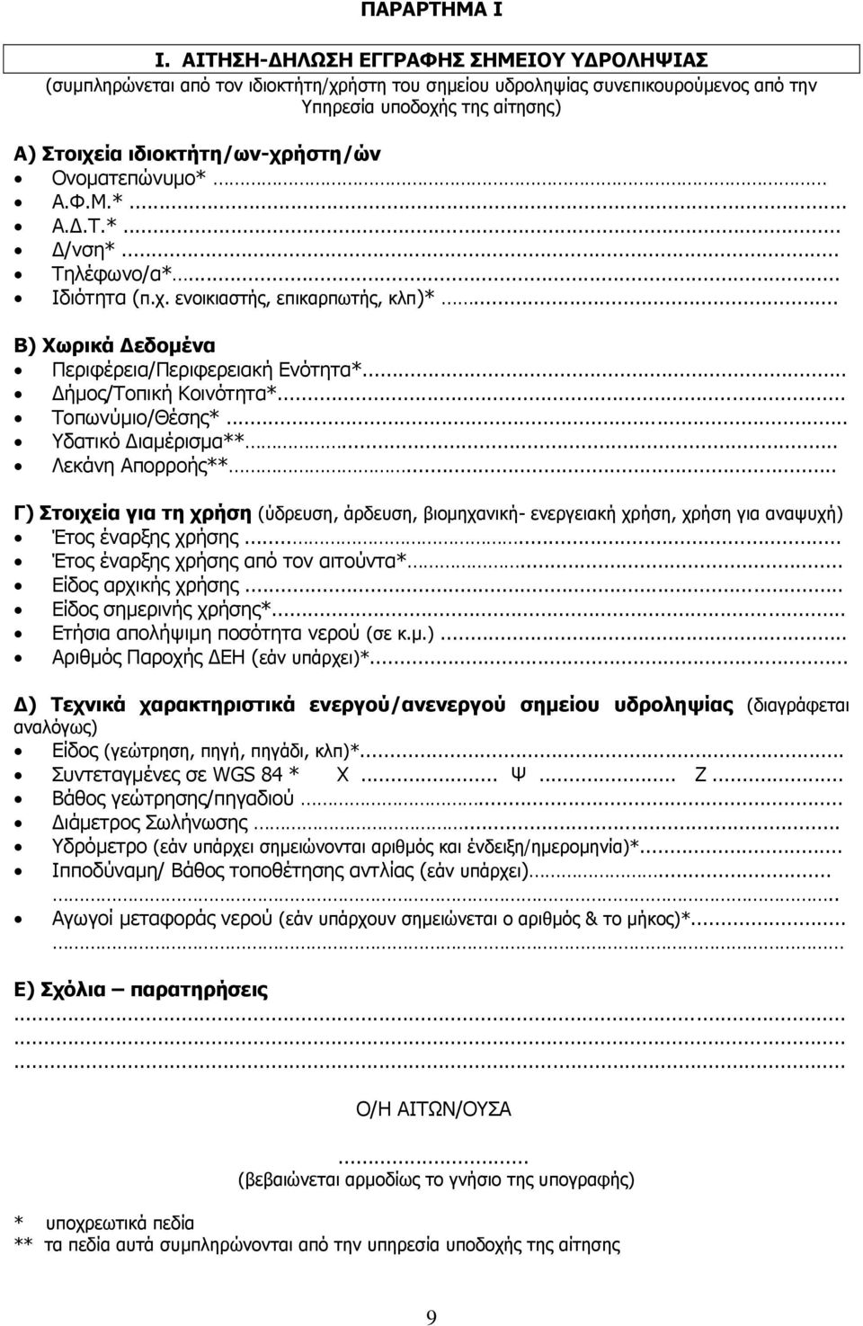 Ονοματεπώνυμο* Α.Φ.Μ.*... Α.Δ.Τ.*... Δ/νση*... Τηλέφωνο/α*... Ιδιότητα (π.χ. ενοικιαστής, επικαρπωτής, κλπ)*... Β) Χωρικά Δεδομένα Περιφέρεια/Περιφερειακή Ενότητα*... Δήμος/Τοπική Κοινότητα*.