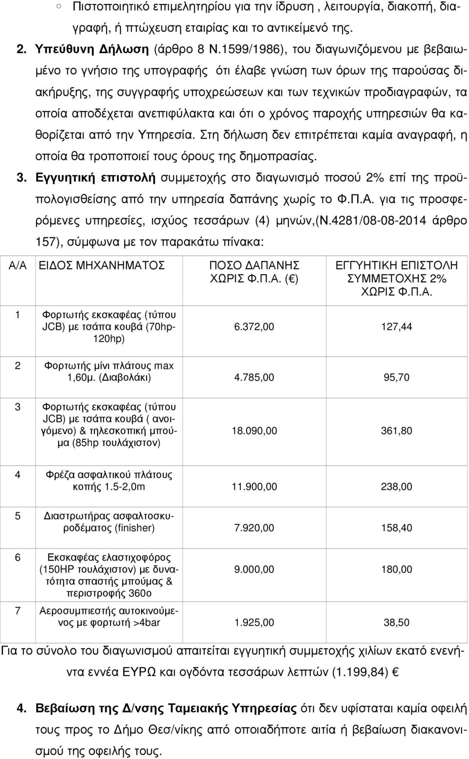 ανεπιφύλακτα και ότι ο χρόνος παροχής υπηρεσιών θα καθορίζεται από την Υπηρεσία. Στη δήλωση δεν επιτρέπεται καµία αναγραφή, η οποία θα τροποποιεί τους όρους της δηµοπρασίας. 3.