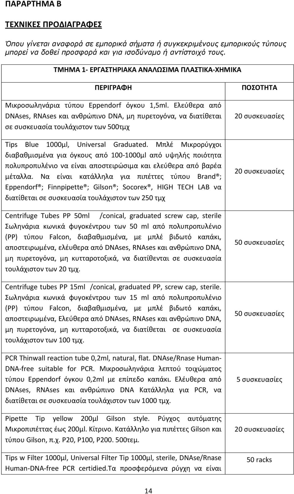 Ελεύθερα από DNAses, RNAses και ανθρώπινο DNA, μη πυρετογόνα, να διατίθεται σε συσκευασία τουλάχιστον των 500τμχ Tips Blue 1000μl, Universal Graduated.
