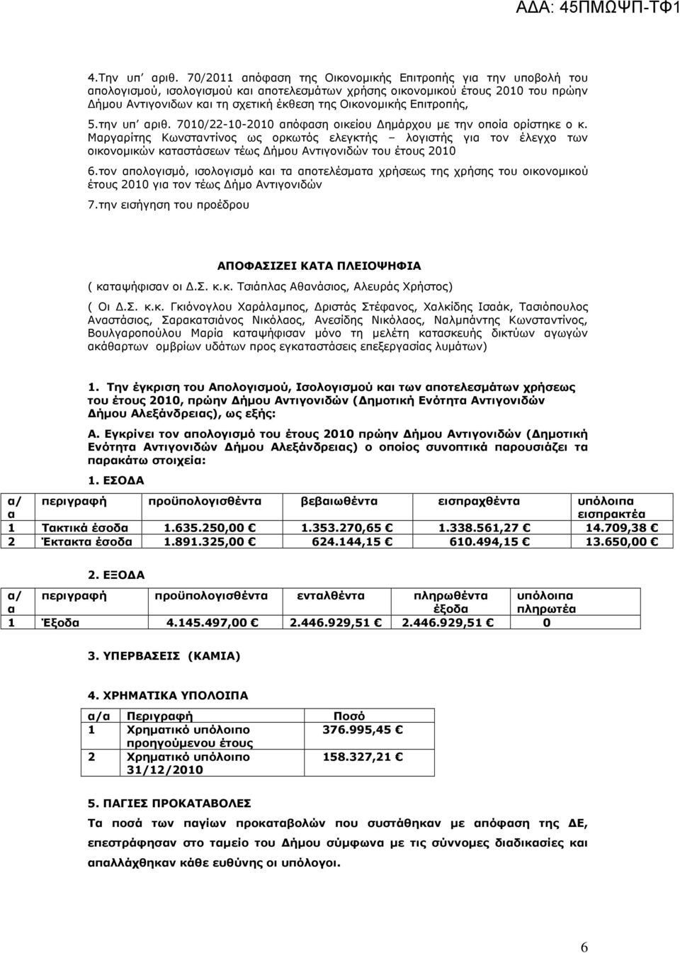 Επιτροπής, 5.την υπ αριθ. 7010/22-10-2010 απόφαση οικείου ηµάρχου µε την οποία ορίστηκε ο κ.