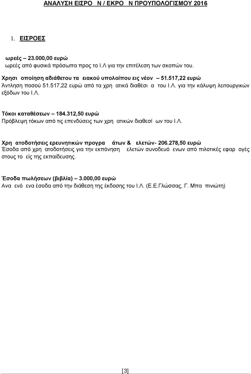 312,50 ευρώ Πρόβλεψη τόκων από τις επενδύσεις των χρηματικών διαθεσίμων του Ι.Λ. Χρηματοδοτήσεις ερευνητικών προγραμμάτων & μελετών- 206.
