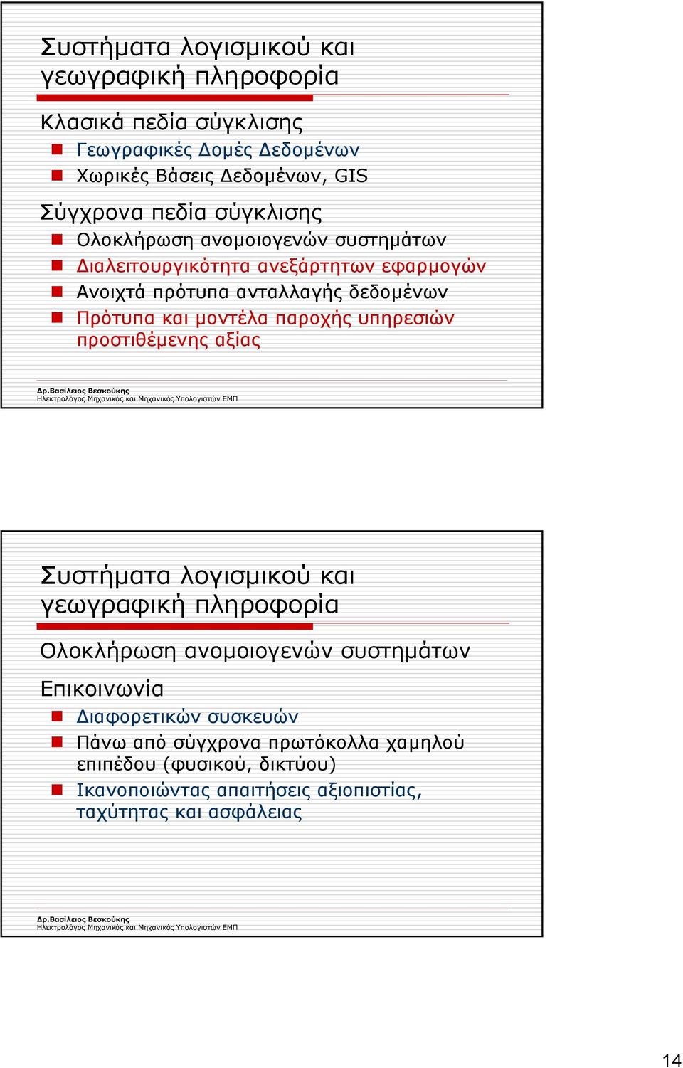 µοντέλα παροχής υπηρεσιών προστιθέµενης αξίας Συστήµατα λογισµικού και γεωγραφική πληροφορία Ολοκλήρωση ανοµοιογενών συστηµάτων Επικοινωνία