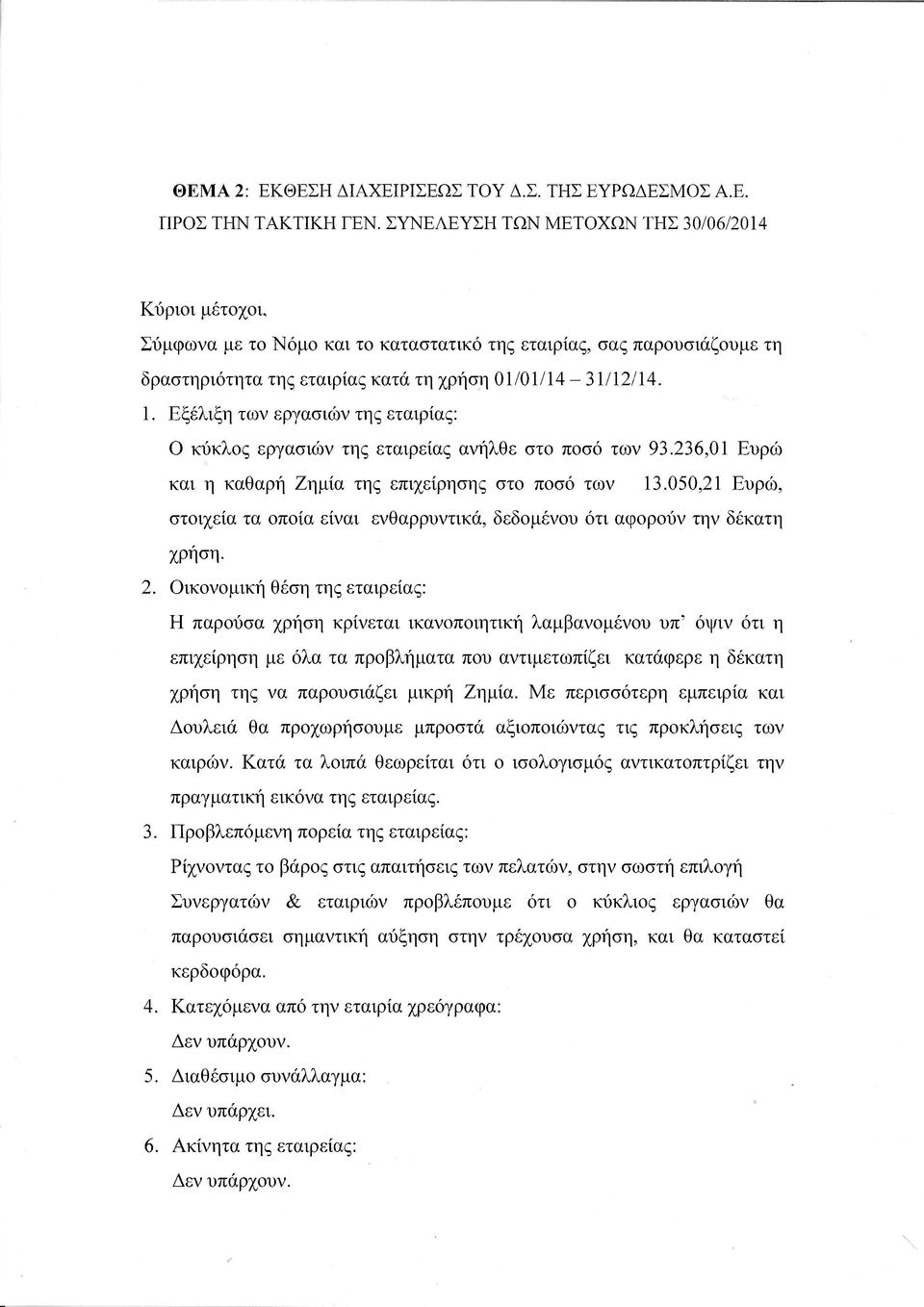 Εξέλιξη των εργασιών της εταιρίας: Ο κύκλος εργασιών της εταιρείας ανήλθε στο ποσό των 93.236,01 Ευρώ και η καθαρή Ζημία της επιχείρησης στο ποσό των 13.