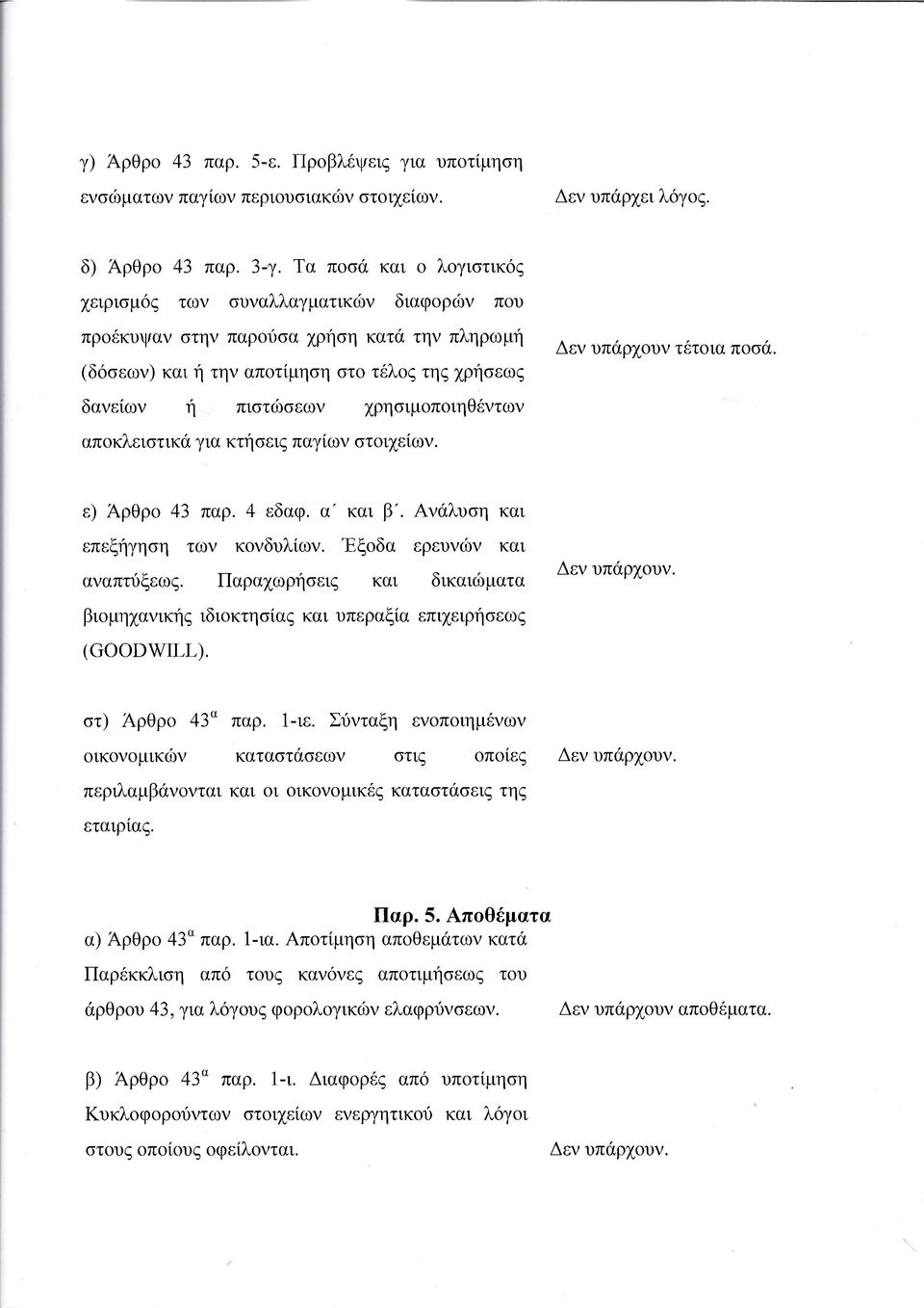 χρησιμοποιηθέντων αποκλειστικά για κτήσεις παγίων στοιχείων. Δεν υπάρχουν τέτοια ποσά. ε) Άρθρο 43 παρ. 4 εδαφ. α' και β'. Ανάλυση και επεξήγηση των κονδυλίων. Έξοδα ερευνών και αναπτύξεως.