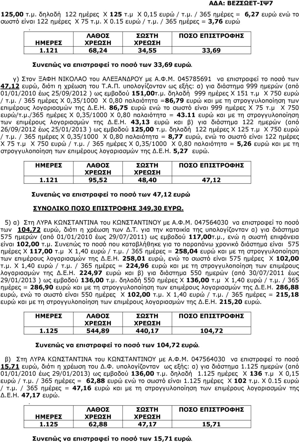 (από 01/01/2010 έως 25/09/2012 ) ως εµβαδού 151,00τµ δηλαδή 999 ηµέρες Χ 151 τµ Χ 750 ευρώ / τµ / 365 ηµέρες Χ 0,35/1000 Χ 0,80 παλαιότητα =86,79 ευρώ και µε τη στρογγυλοποίηση των επιµέρους