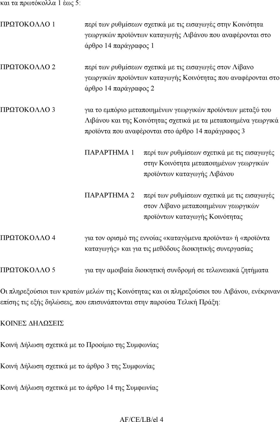 µεταξύ του Λιβάνου και της Κοινότητας σχετικά µε τα µεταποιηµένα γεωργικά προϊόντα που αναφέρονται στο άρθρο 14 παράγραφος 3 ΠΑΡΑΡΤΗΜΑ 1 περί των ρυθµίσεων σχετικά µε τις εισαγωγές στην Κοινότητα