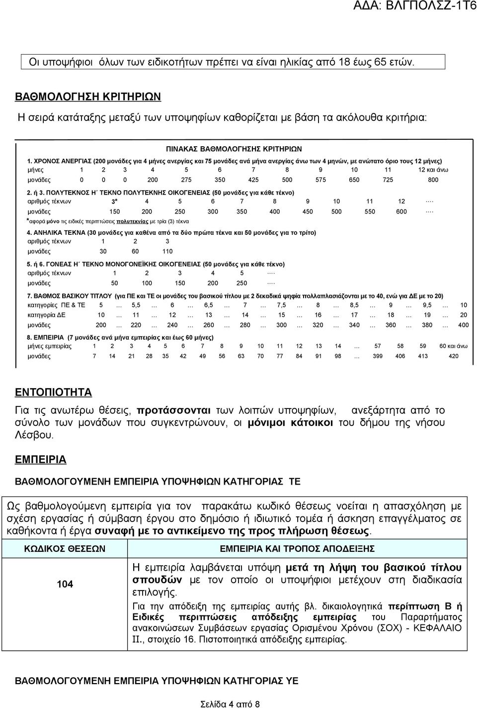 ΧΡΟΝΟΣ ΑΝΕΡΓΙΑΣ (200 μονάδες για 4 μήνες ανεργίας και 75 μονάδες ανά μήνα ανεργίας άνω των 4 μηνών, με ανώτατο όριο τους 12 μήνες) μήνες 1 2 3 4 5 6 7 8 9 10 11 12 και άνω μονάδες 0 0 0 200 275 350