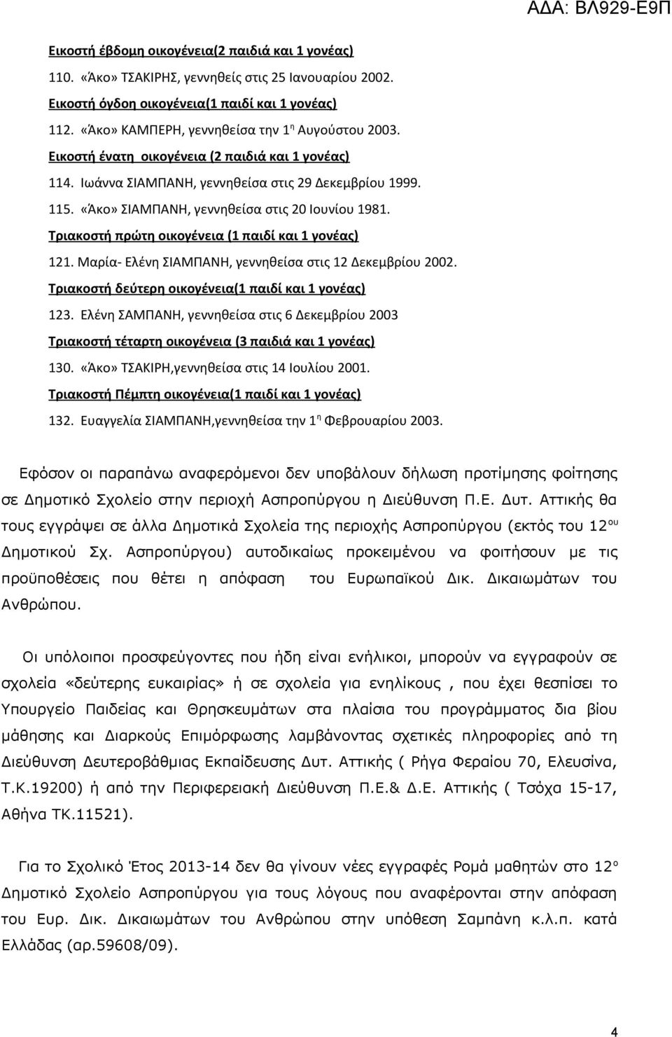 «Άκο» ΣΙΑΜΠΑΝΗ, γεννηθείσα στις 20 Ιουνίου 1981. Τριακοστή πρώτη οικογένεια (1 παιδί και 1 γονέας) 121. Μαρία- Ελένη ΣΙΑΜΠΑΝΗ, γεννηθείσα στις 12 Δεκεμβρίου 2002.