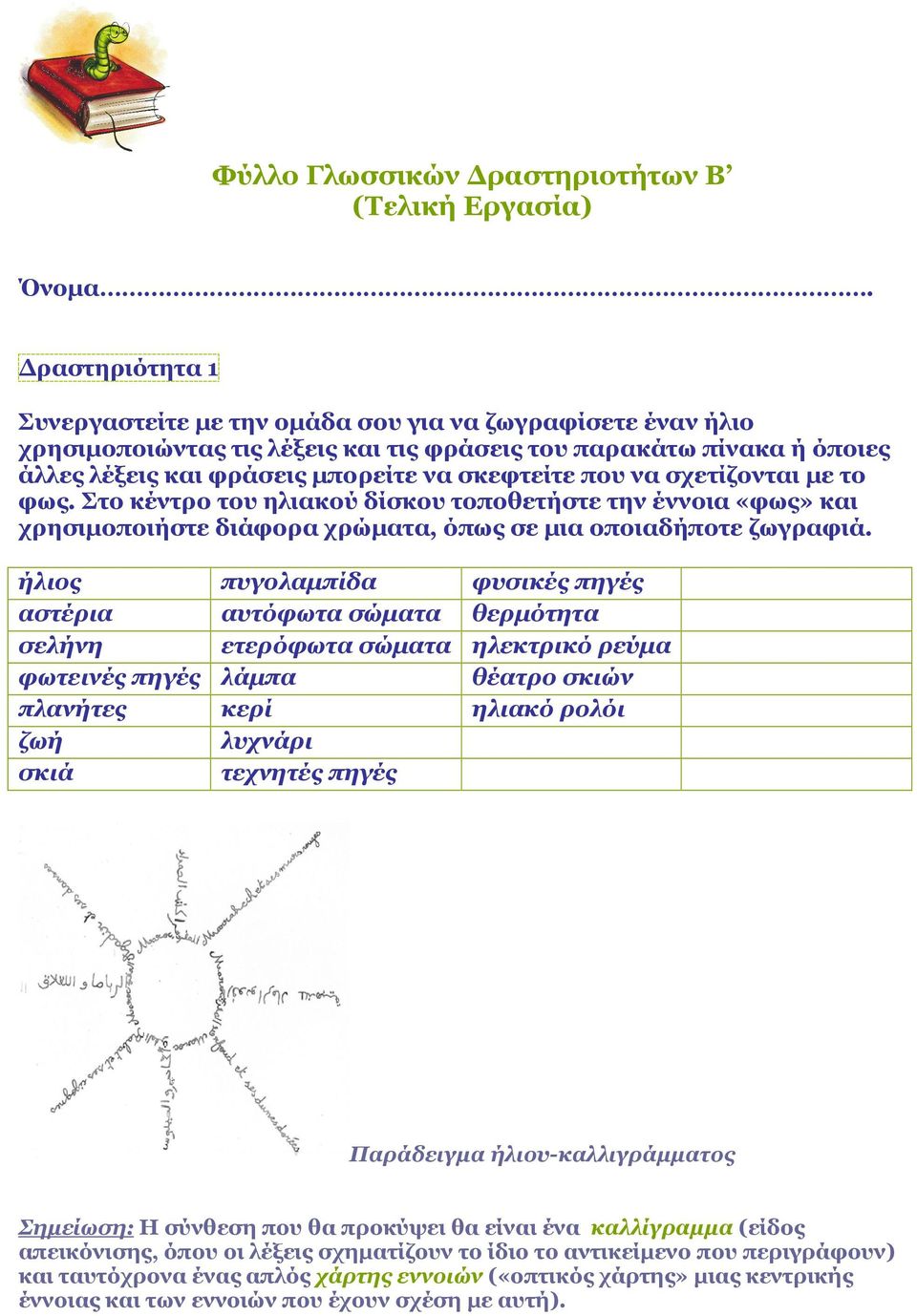 να σχετίζονται µε το φως. Στο κέντρο του ηλιακού δίσκου τοποθετήστε την έννοια «φως» και χρησιµοποιήστε διάφορα χρώµατα, όπως σε µια οποιαδήποτε ζωγραφιά.