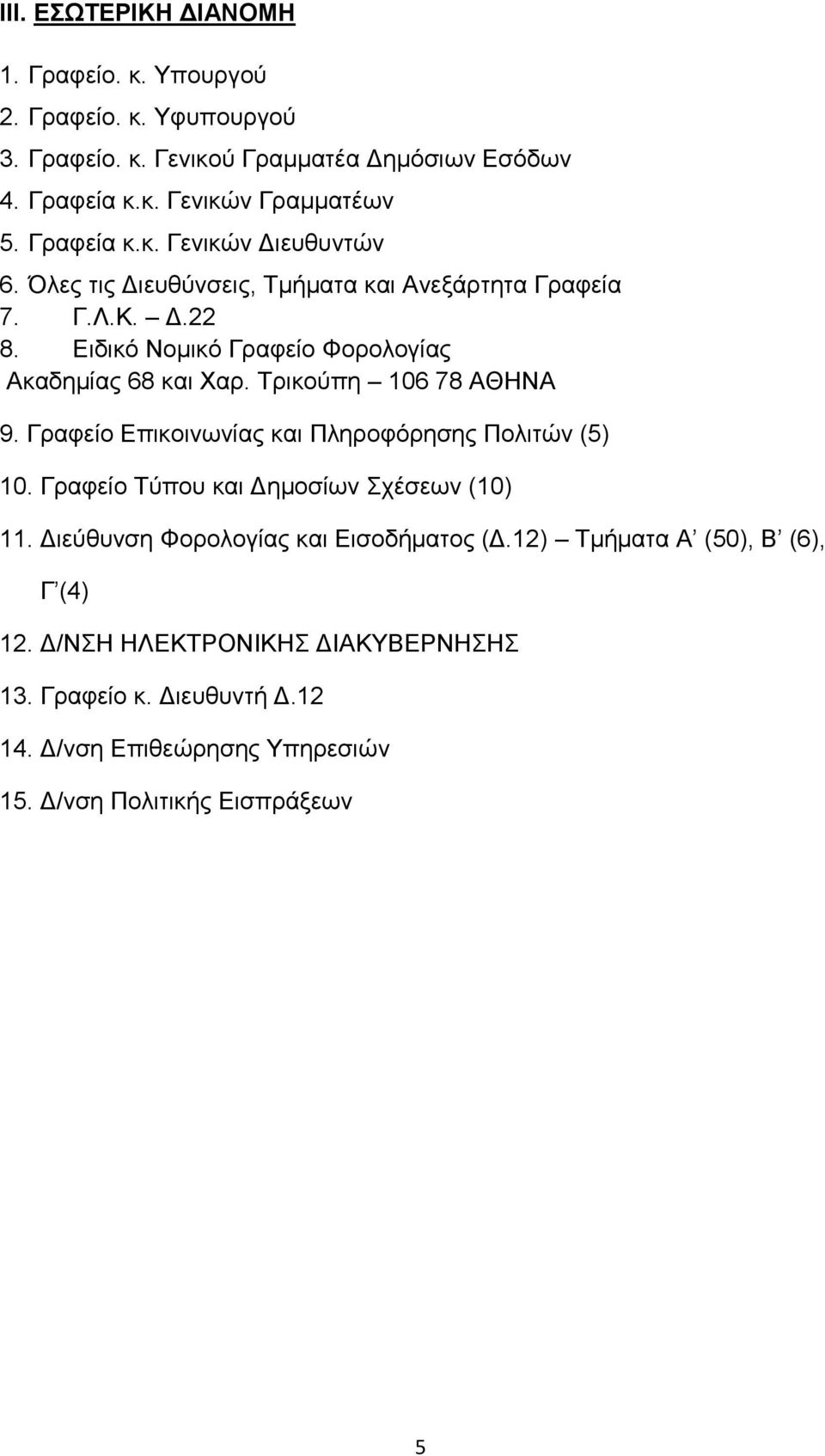Σξηθνύπε 106 78 ΑΘΖΝΑ 9. Γξαθείν Δπηθνηλσλίαο θαη Πιεξνθόξεζεο Πνιηηώλ (5) 10. Γξαθείν Σύπνπ θαη Γεκνζίσλ ρέζεσλ (10) 11.