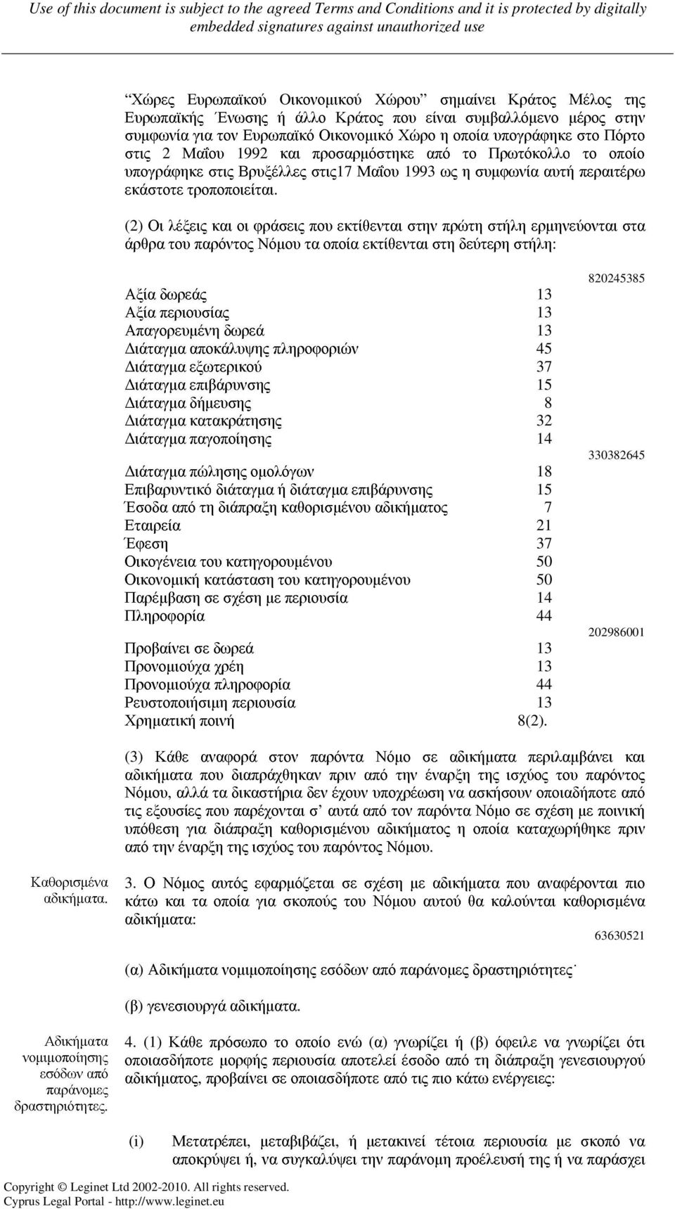 (2) Οι λέξεις και οι φράσεις που εκτίθενται στην πρώτη στήλη ερµηνεύονται στα άρθρα του παρόντος Νόµου τα οποία εκτίθενται στη δεύτερη στήλη: Αξία δωρεάς 13 Αξία περιουσίας 13 Απαγορευµένη δωρεά 13